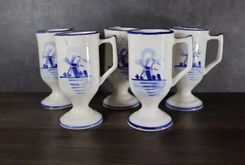 Set of 5 Delft Blue Holland pedestal coffee mug with windmill floral design