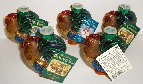 2005 - LOT OF (5) ROOSTER CHICKEN LIGHT COVERS - OLD WORLD CHRISTMAS BLOWN GLASS