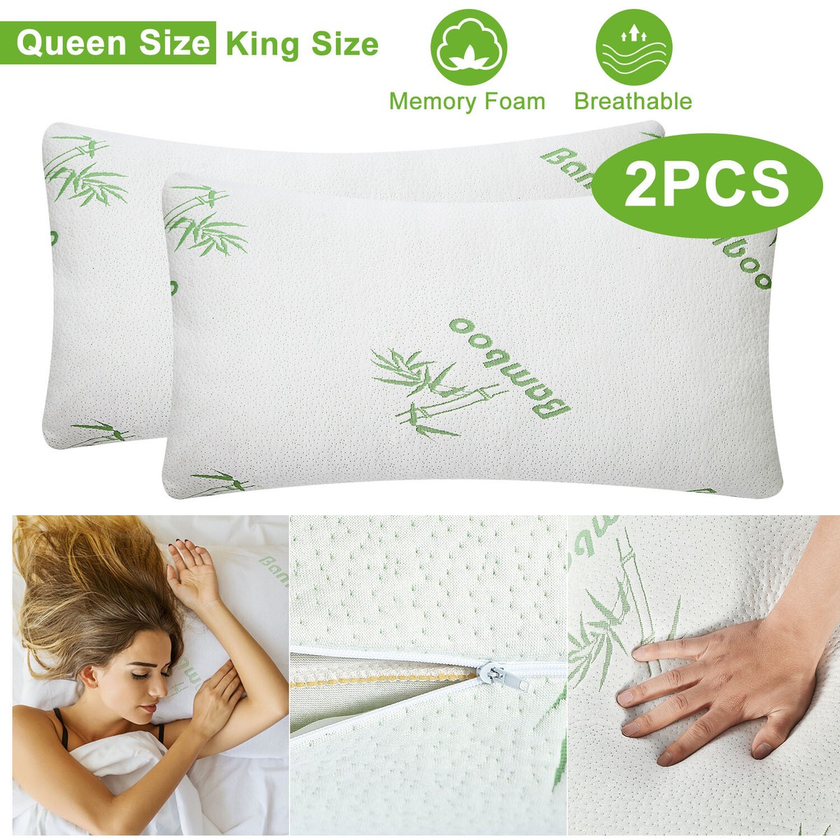 2pcs Bamboo Pillow Hypoallergenic Shredded Memory Foam Zipper