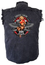 Mens Acid Washed Knucklehead Motorcycle Babe Route 66 Denim Cutoff Biker Shirt