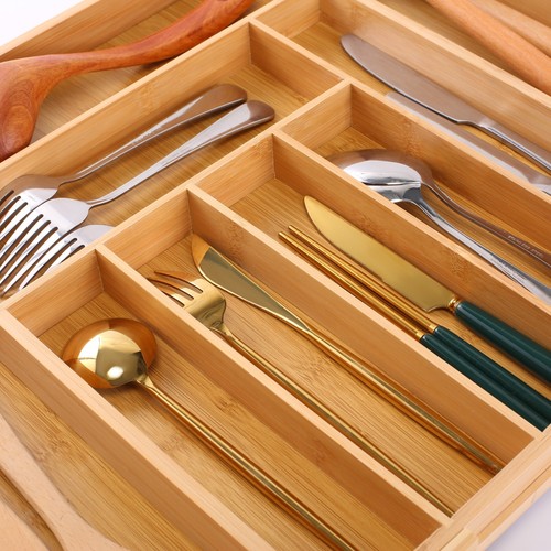 Extendable Bamboo Cutlery Tray Kitchen Drawer Organiser 7-8 Storage Compartments - Picture 7 of 9