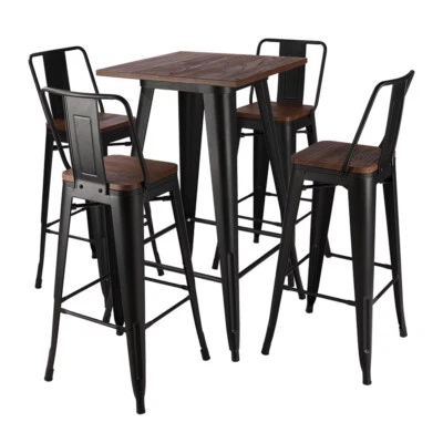 Tall Industrial Black/Wood Top Bar Stool Table Indoor Outdoor Cafe Bistro Chairs