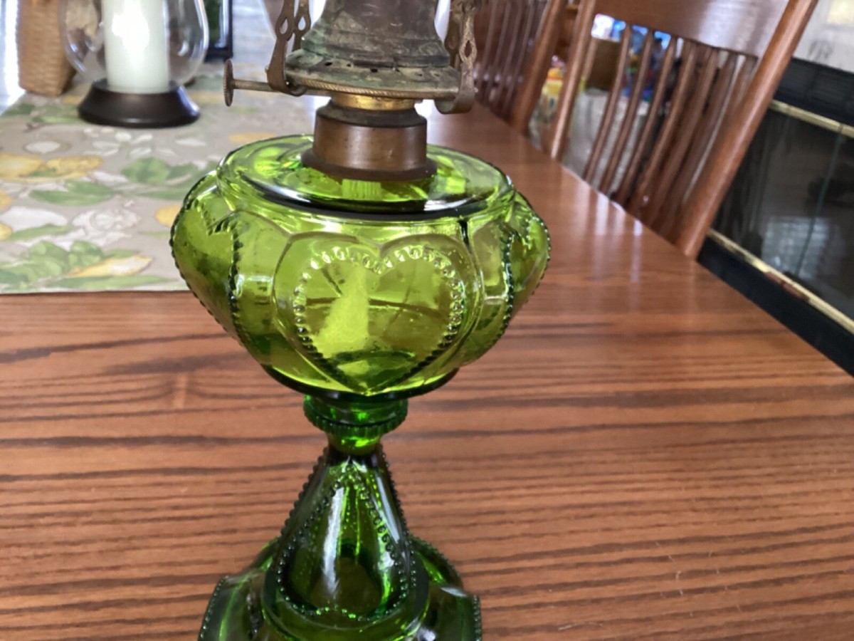 Antique FINDLEY QUEEN HEART Beaded Oil Lamp Green Glass 17” | eBay