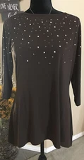  Quacker Factory 3/4-Sleeve Trapeze Hem Top with Rhinestones-Espresso-XS A367098
