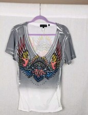 Black Label Affliction Womens Multicolor Logo Beaded Tee Shirt Large Side Braid