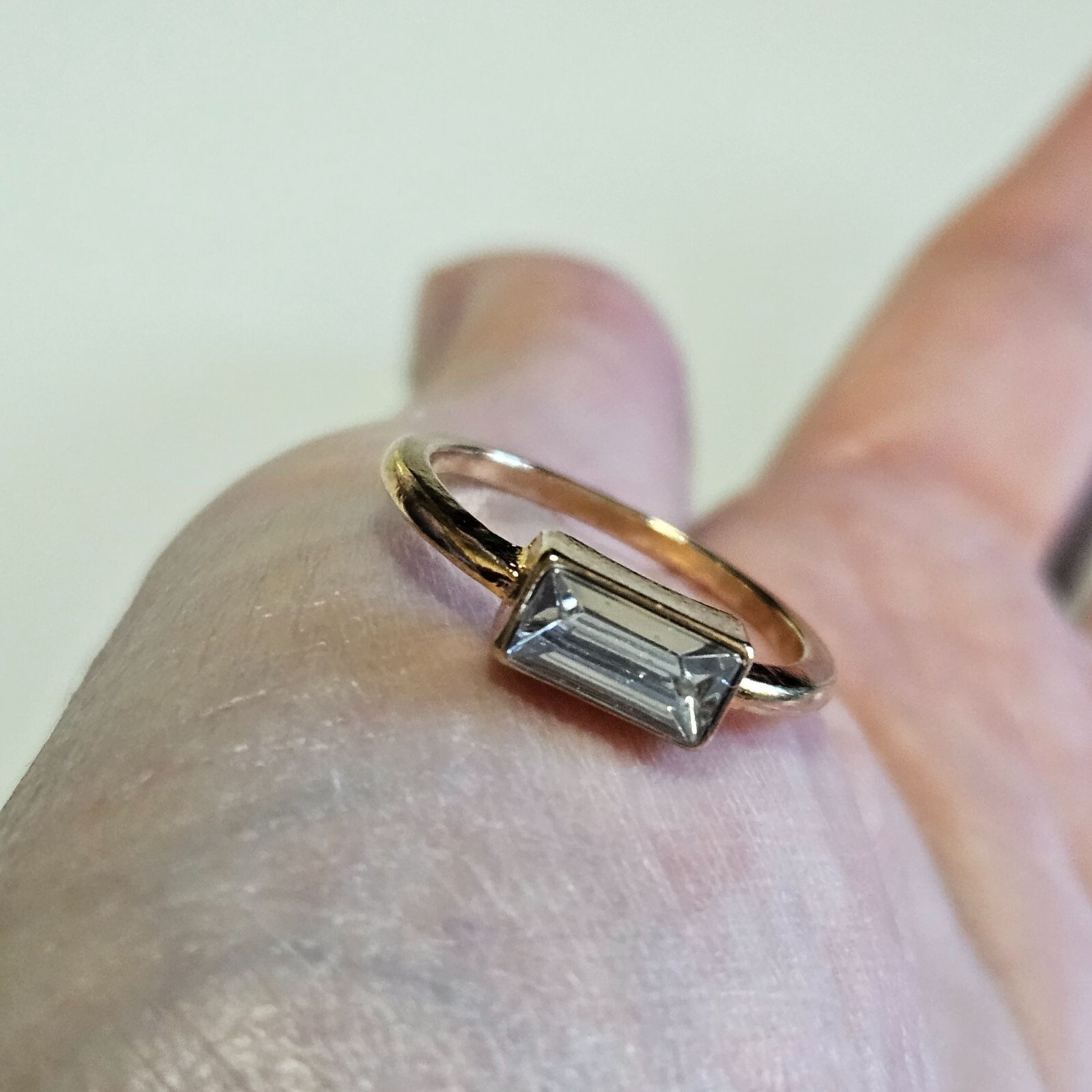 Gold Tone Clear Rectangular Rhinestone Ring Size 7 - image 2