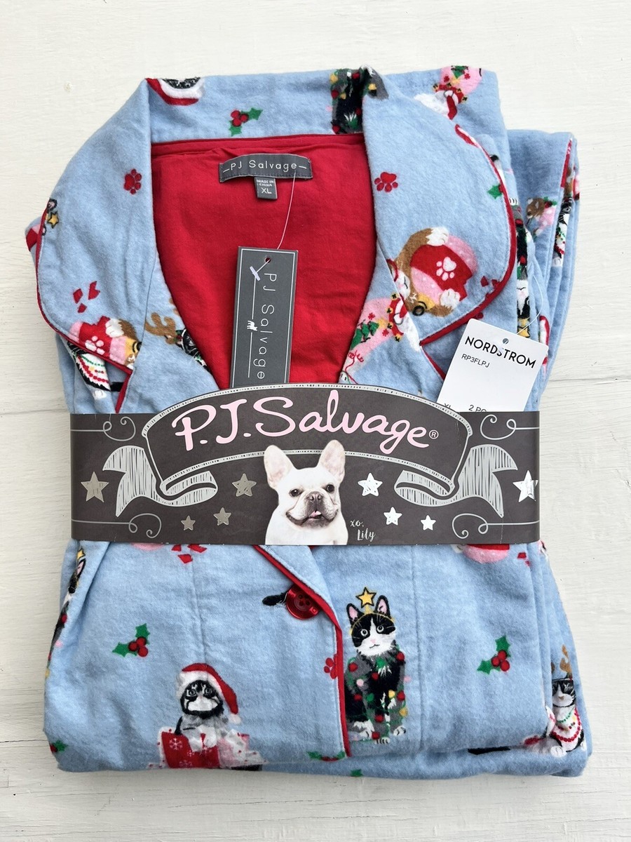NWT PJ Salvage Ice Blue Christmas CATS Cotton Flannel Pajama Set XL KITTENS