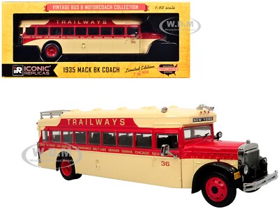 1935 MACK BK COACH BUS ''TRAILWAYS'' BEIGE & RED 1/50 BY ICONIC REPLICAS 50-0491