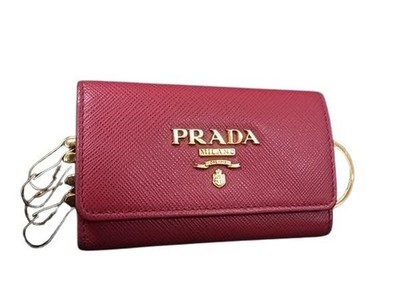 PRADA Saffiano Metall 4 Schlüssel Etui 1PG004 Magenta Leder Gold HW Authentisch