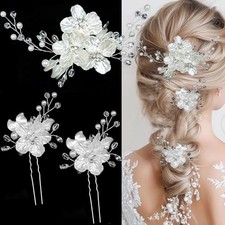 3 PCS Large Flower Bridal Wedding Hair Pins Crystal Glitter Emboss White Flower