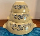 Pyrex Homestead Cinderella Nesting Mixing Bowl Set 441/442/444 Blue on Tan