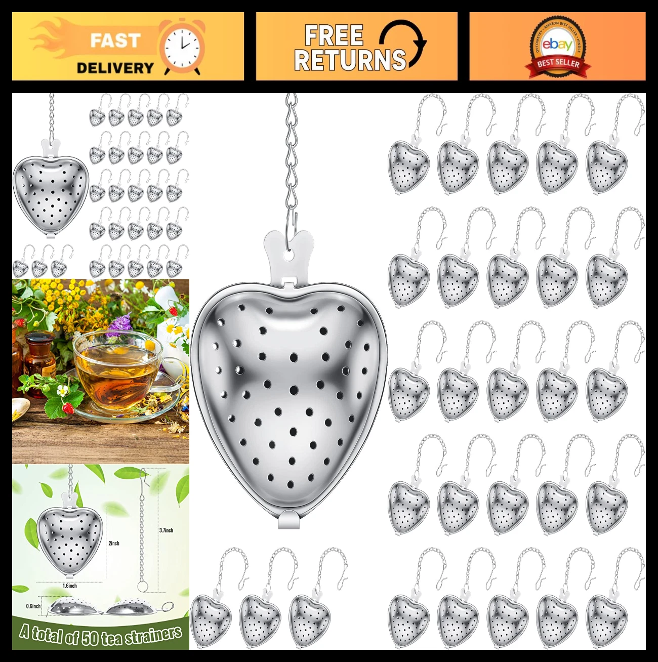 Stainless Steel Heart Tea Infuser Ball with Chain Hook, 50 Pack