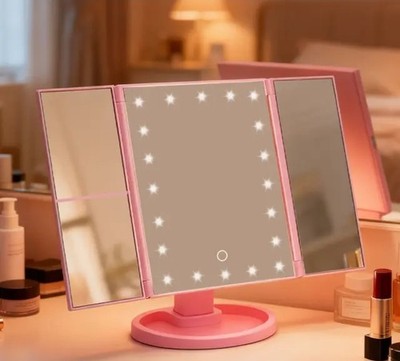 Touch Screen Tri-Fold Vanity Mirror with 21 LED Lights - 3X/2X/1X Magnification