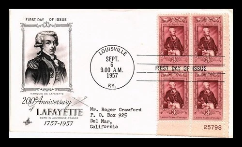 MARQUIS DE LAFAYETTE FRENCH PATRIOT PLATE#BLOCK  1957 ARTCRAFT FDC LOUISVILLE