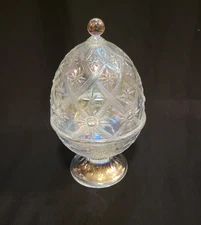 LE Smith Iridescent Clear Glass Egg Candy Dish Vintage