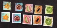 #4253-57 & #4258-62 Tropical Fruit Pane & Coil Stamps, Used, 27 cent, On Paper