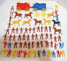 MPC MULTIPLE 1960's BIG LOT 50 COWBOYS  INDIANS PLAYSET FIGURES HORSES 2 WAGONS