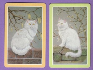2 Single Swap Playing Cards PRETTY WHITE CAT ON FENCE NICE ART SWEET PAIR MINT