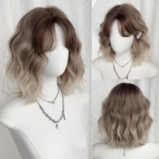 Black Hair Wigs Synthetic Fiber, 14 in Short Bob Full Cap Wig with Natural Bangs