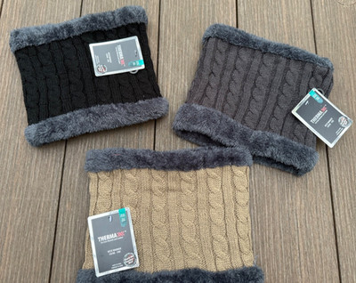 NEW Lot of 3 BLACK/GRAY/BEIGE Thermax Knitted NECK WARMERS with faux fur lining
