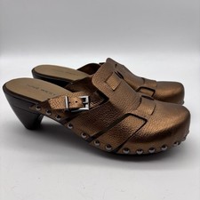 Nine West Metallic Bronze Leather Wooden Clogs SZ 9M Studded Buckle VTG Y2K Boho