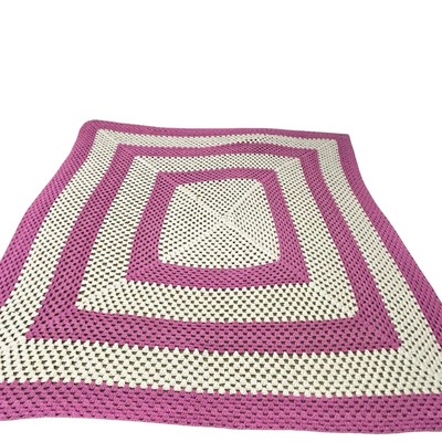 VTG Crocheted Granny Afghan  Blanket Throw Black Raspberry & Off-White Squares