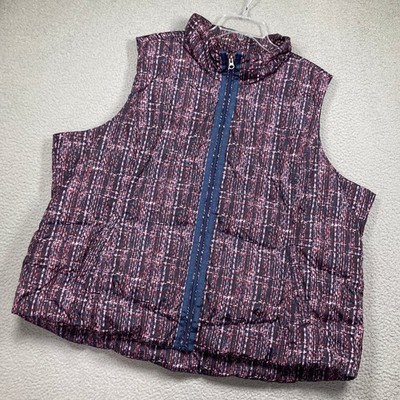 Lands' End Puffer Vest Women 3X Navy Burgundy Printed Down Insulated Zip Front