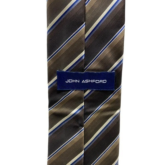 Corbata John Ashford. Marrón oscuro, azul con rayas blancas Foto 3 de 4