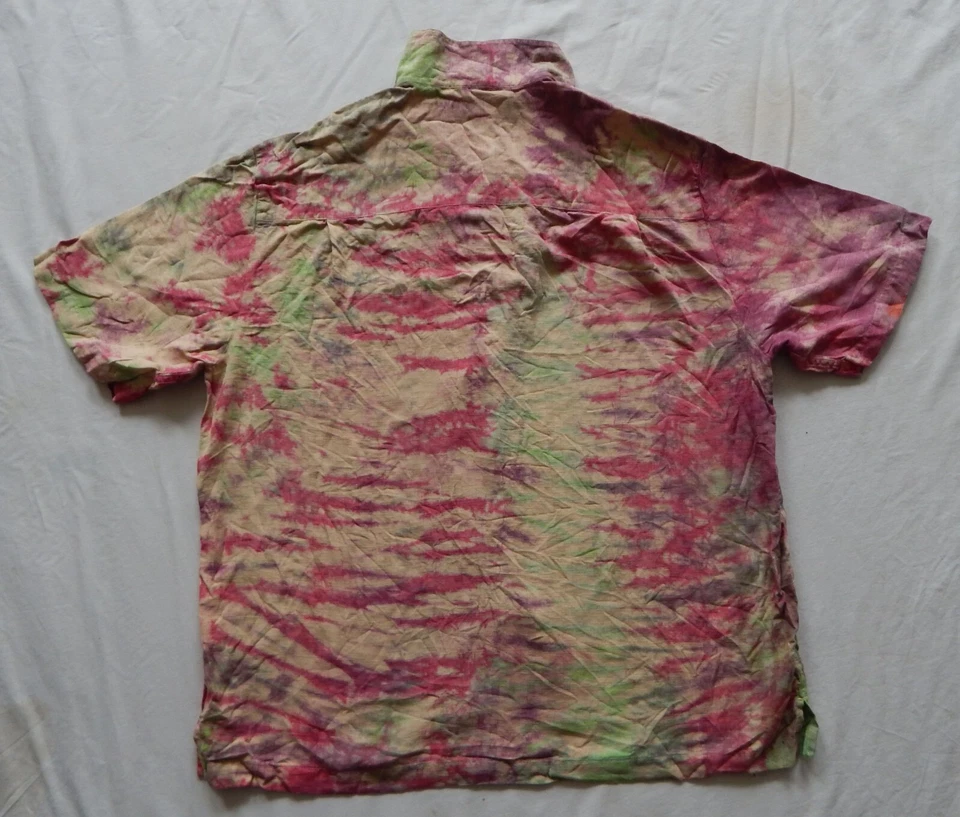 Tie Dye Psychedelic Silk Purple Green Short Sleeve Shirt - Large Mens Hand Made - Image 2 of 4