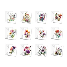 12 Assorted All Occasion Note Cards with Envelopes - WATERCOLOR WILDFLOWERS