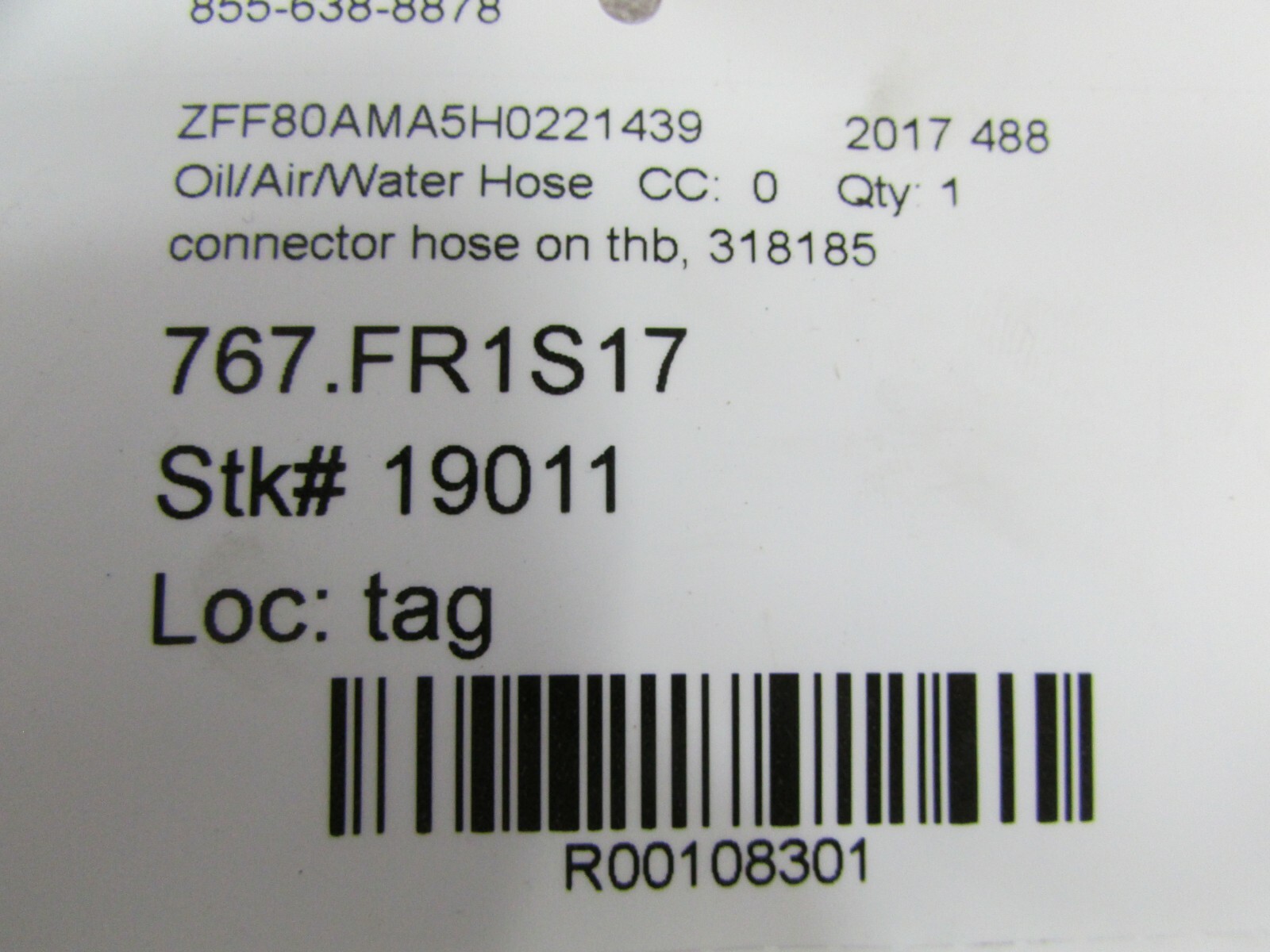 Ferrari 488, Throttle Body Connection Hose, Used, P/N 318185
