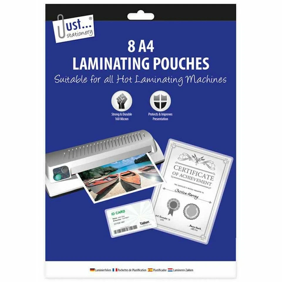 TALLON INTERNATIONAL LTD A4 Laminating Pouches 8 Pack 160 Micron Gloss Premium Heavy Duty Sleeves Sheets