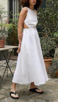 Pixie Market White Linen Dress Beatrice Elastic Waist Band Lined Open Back Sz S