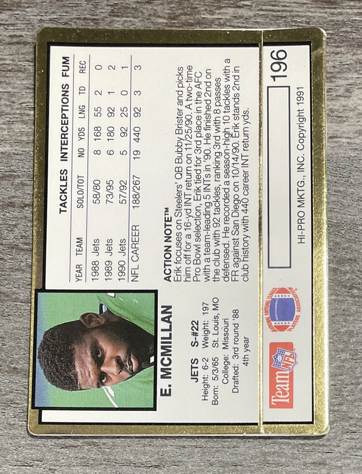 Erik McMillan 1991 Action Packed Jets #196 *F634* - Image 2 of 2