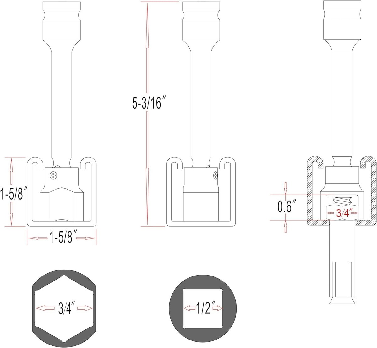 1/2-Inch Drive Strut Socket - 3/4-Inch Size For 1-5/8" Wide Strut Channels
