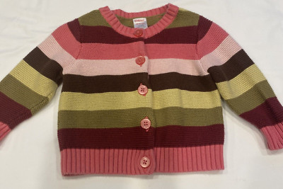 Gymboree Primrose Girl s Coral Pink Green Striped Chunky Cardigan 18-24 mo