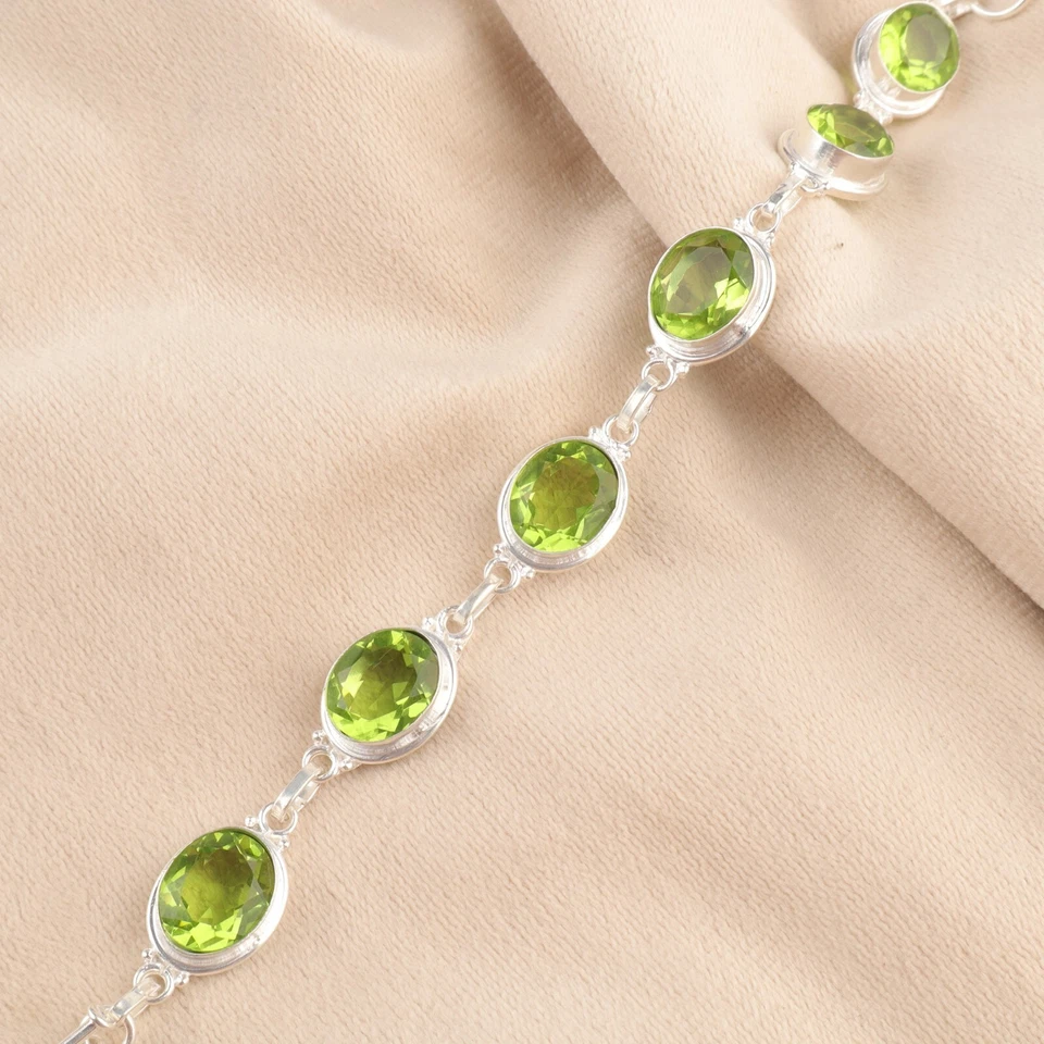Brazalete de cadena de piedras preciosas de peridoto natural plata de ley 925 joyería india Foto 4 de 4