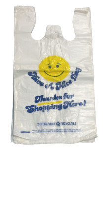 White Thank You Happy Smiley T-Shirt Plastic Bags with Handles bulk package