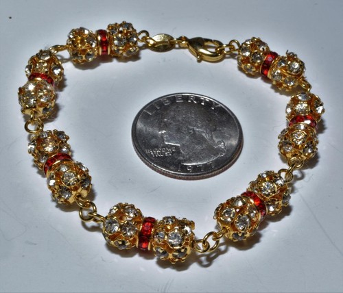 Signierte 18K GF Goldfarbene Rote Klare Strasskugeln 7 1/2" Armband - 第 2/2 張圖片