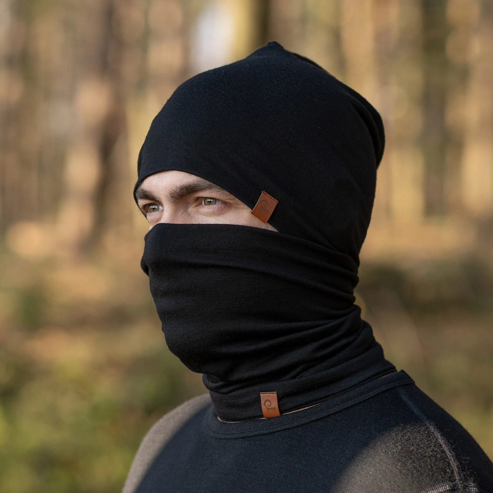 Knitted Merino Wool Men's Warm Winter Beanie Hat & Neck Gaiter Set Black