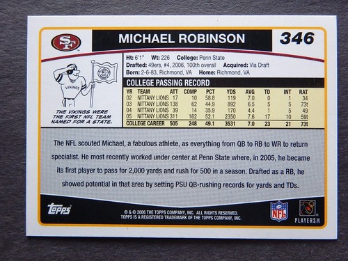 Michael Robinson RC 346 Topps 2006 Football Card San Francisco 