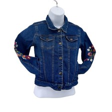 Garnet Hill Kids Denim/Jean Jacket Floral Snap Coat L Blue Button Up Embroidered