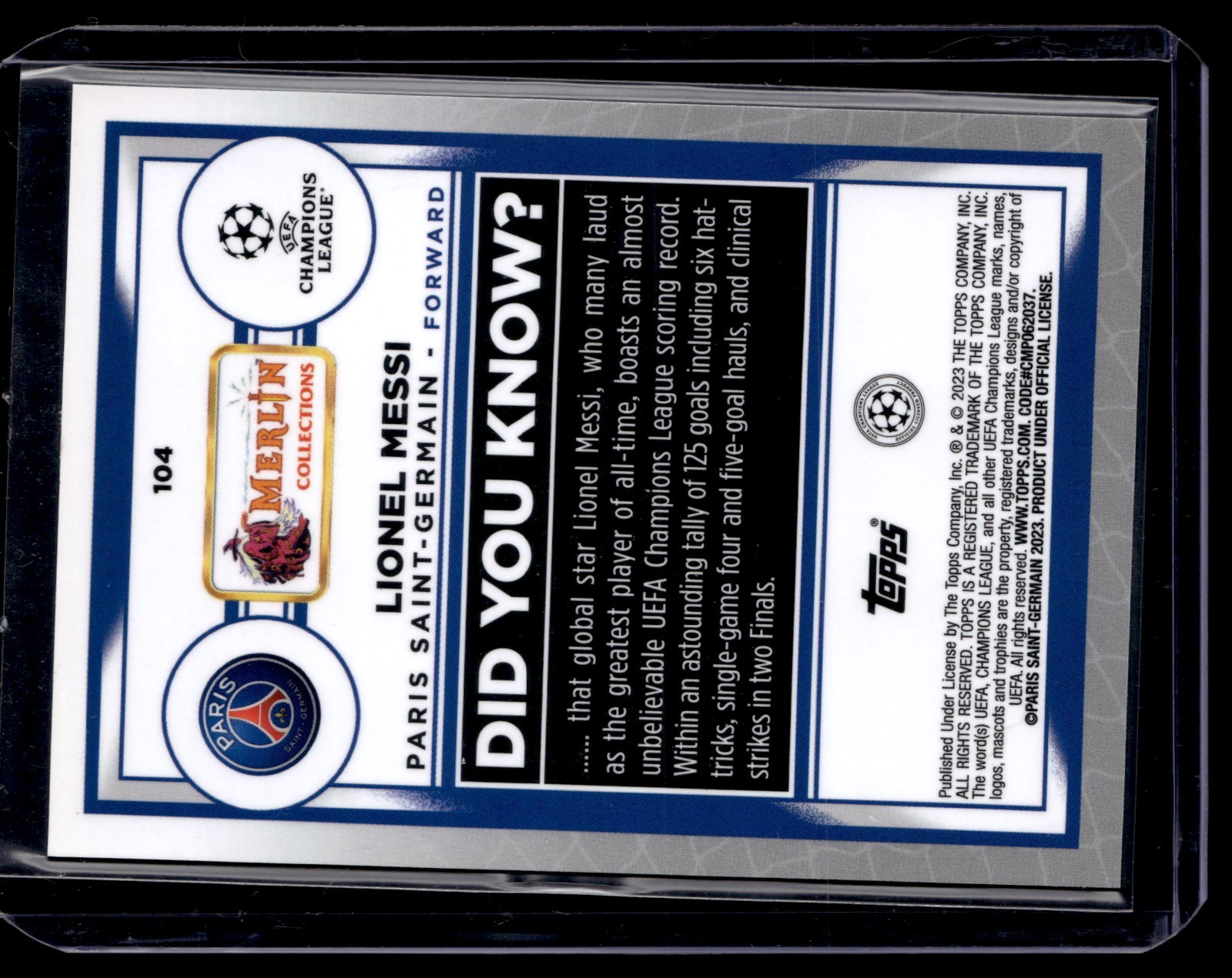 Topps Merlin 2022-23 PSG Lionel Messi Soccer Card #104 UEFA Champions League view 2