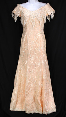 Vintage Handmade Dress Gown Size XS ? Peach Lace Overlay Doily Faux Pearl Accent