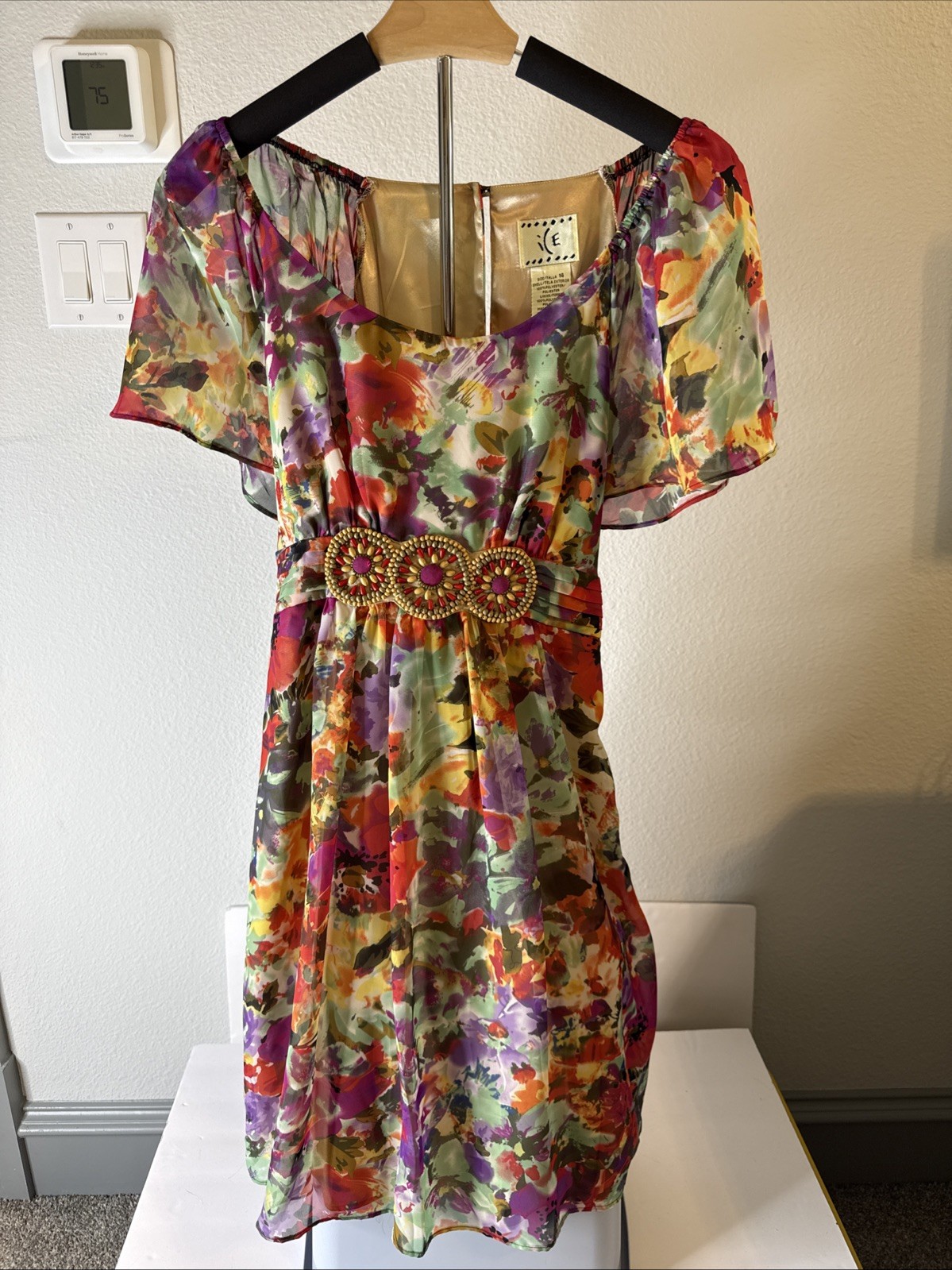 ICE Women’s Flowy Sleeve Beaded Waist Floral Dress Size 14