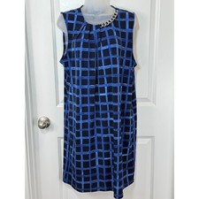 Michael Kors Sleeveless Dress Blue Plaid Chain Neckline Large Designer L Chic