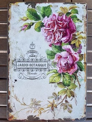 Deko Schild Metall 20x30 Rosen Rosa Jardin Botanique Shabby Chic Paris