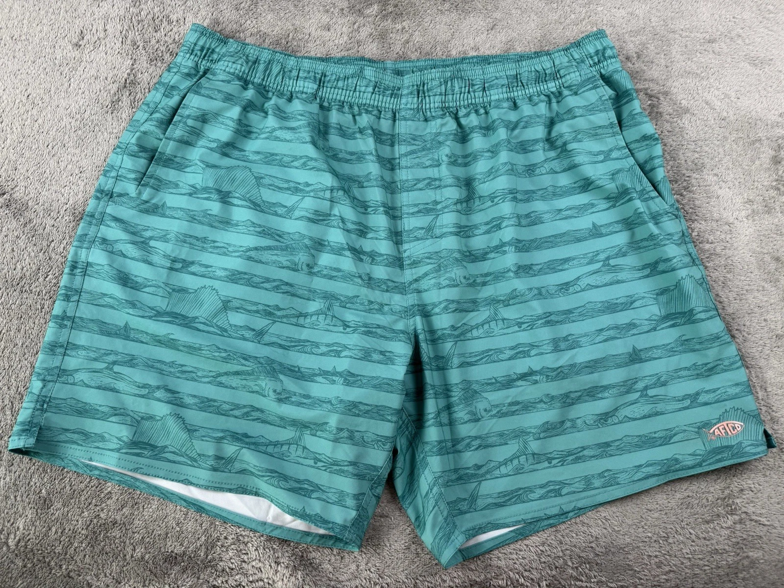 AFTCO Shorts Mens XXL Blue Fishing Print Drawstring Unlined Swim Beach Trunks