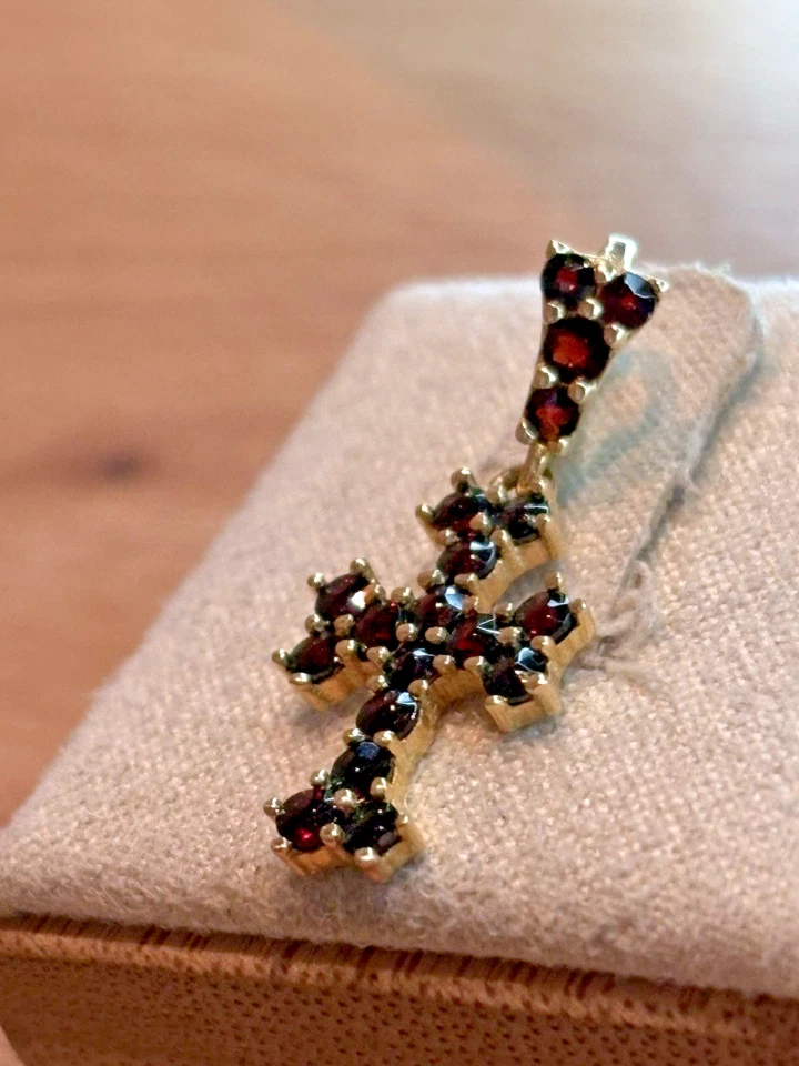 14K Gold Kreuz Anhänger Granat Edelstein Dunkel Rot 585 Gelbgold Kettenanhänger - Bild 2 von 4
