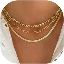14K Gold Plated Layered Necklaces for Women-Collares Dorados en Capas para Mujer